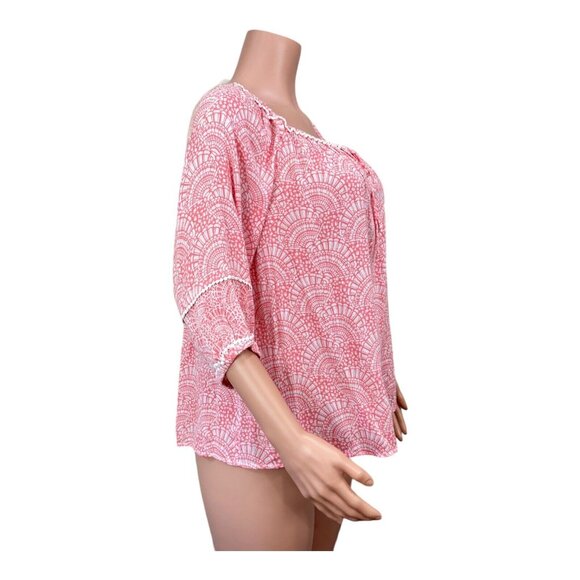Crown & Ivy Women sz L Petite  Coral Top Blouse Tie Collar Neck Crochet Detail - Picture 11 of 15